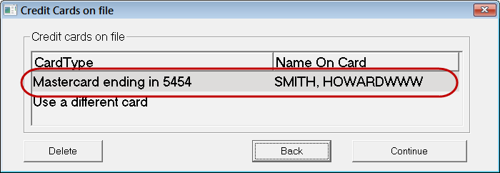 the Credit Cards on File window showing a payment token.